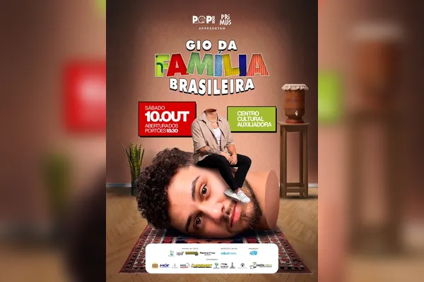 Cartaz do stand up Gio da Família Brasileira, no sábado 10 de outubro, no Centro Cultural Auxiliadora, com abertura dos portões às 18h30