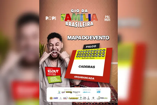 Mapa do evento, com o palco no topo, as mesas de 01 a 30 à frente, o setor de cadeiras ao centro e a arquibancada ao fundo