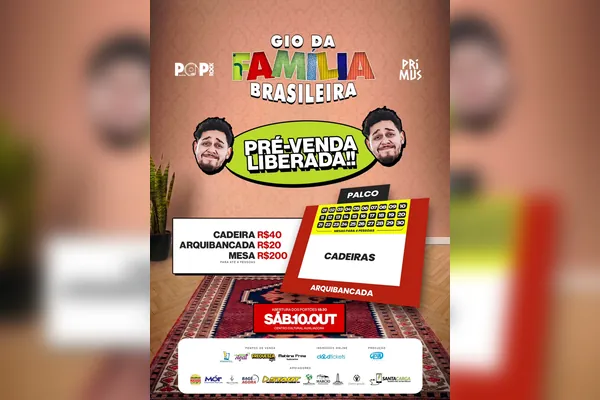 Cartaz da pré-venda liberada, com cadeira a R$ 40, arquibancada a R$ 20 e mesa para até 4 pessoas a R$ 200