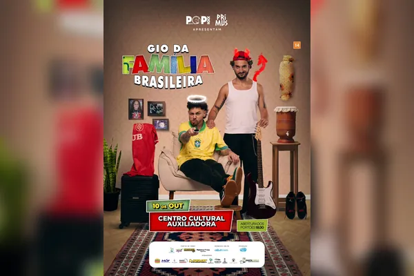 Cartaz com o comediante de auréola sentado na poltrona e um homem de chifres em pé ao lado, com classificação 14 anos