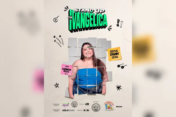 Cartaz do stand up com iVangélica sobre um mural de recados, com a data 29 de novembro, portões às 16h, show às 18h, no Empório Gelei