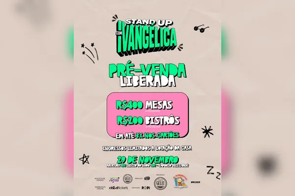 Cartaz da pré-venda liberada, com mesas para 4 pessoas a R$ 400 e bistrôs para 2 pessoas a R$ 200, em até 3x nos cartões, ingressos limitados à lotação da casa